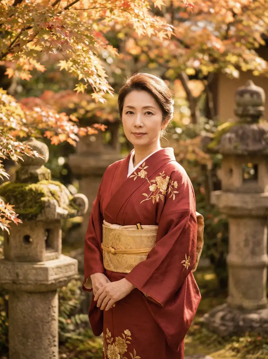 一位身穿暗红色和服的优雅 桥本香菜::深度揭秘桥本香菜短视频官方入口~桥本香菜免费观看 在日式庭院中